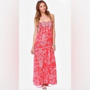 Billabong Red & White Strapless Maxi Dress EUC
